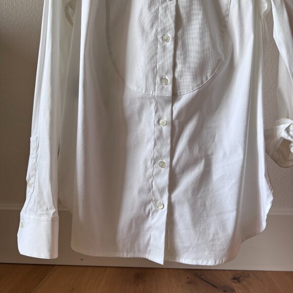 White Satin Tuxedo Button Down Blouse | Size 10 | Classic Luxe Dress Shirt - Picture 6 of 16